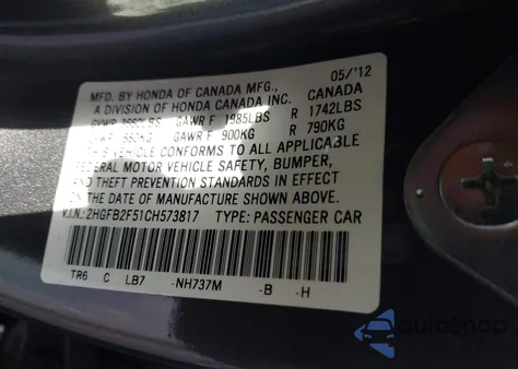 2012 Honda Civic Lx z USA, uszkodzony, nr VIN 2HGFB2F51CH573817